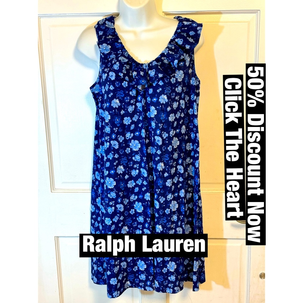 Ralph‎ Lauren Blue Floral Cotton Dress with Ruffled V Neck Sz PS NWT